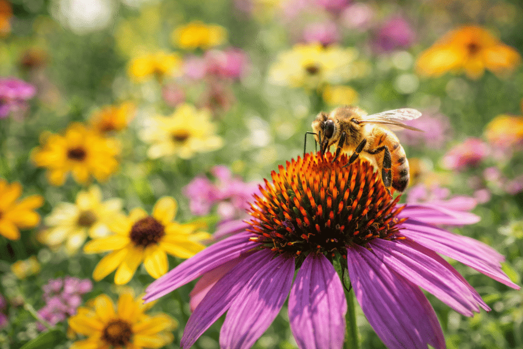 Bee pollinating native flowers in sustainable garden