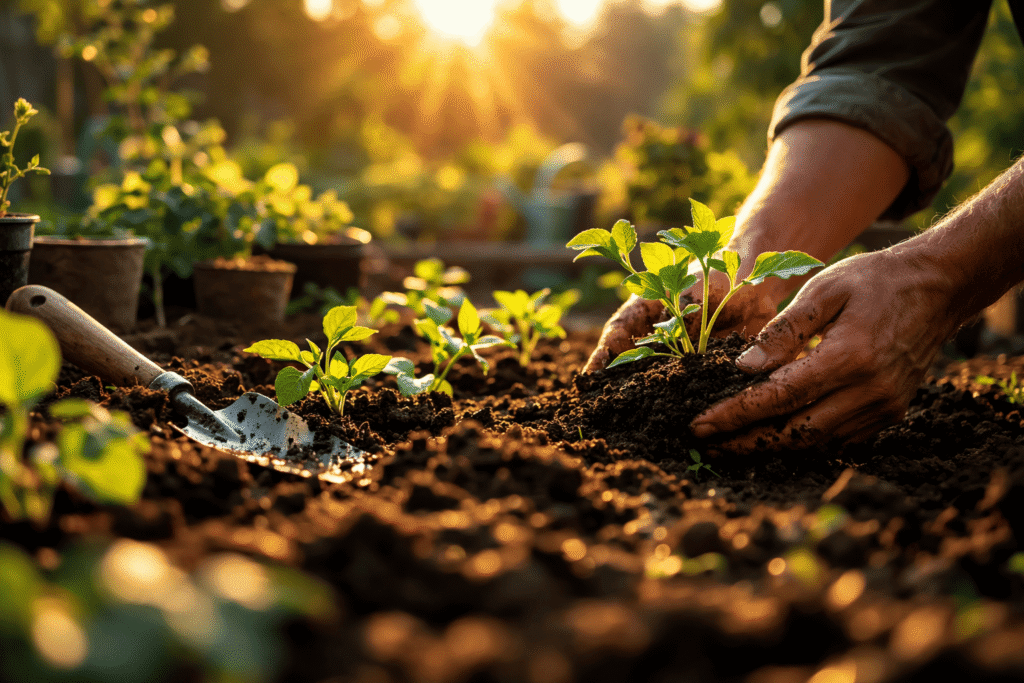 Gardener planting seedlings in healthy soil