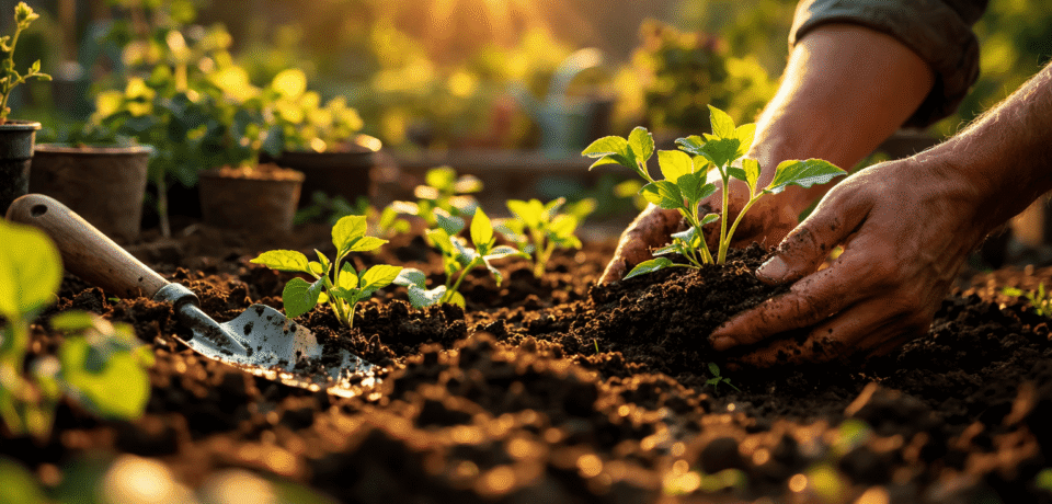 Gardener planting seedlings in healthy soil