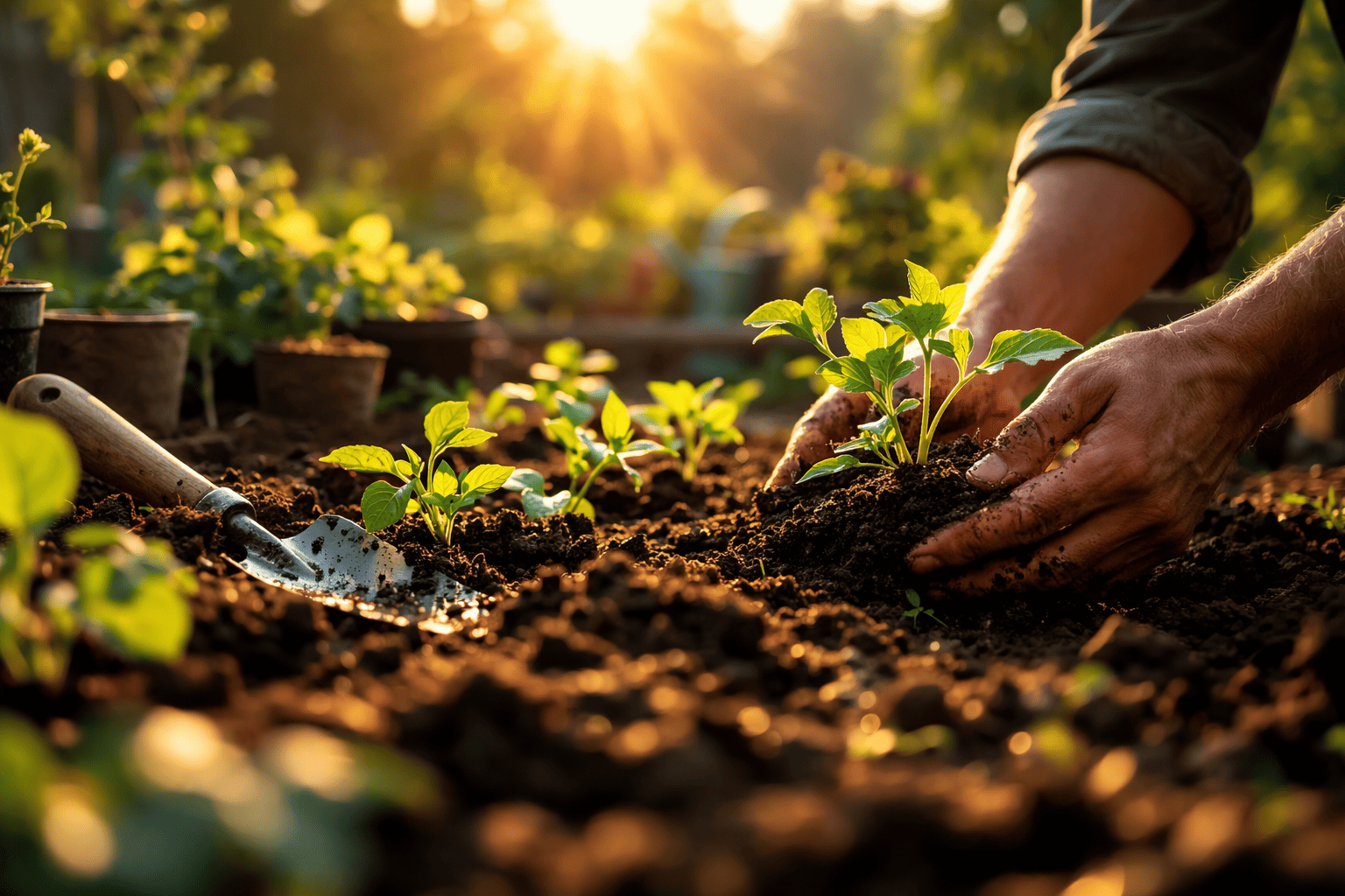 Gardener planting seedlings in healthy soil