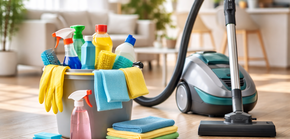 Home cleaning business equipment setup in modern house