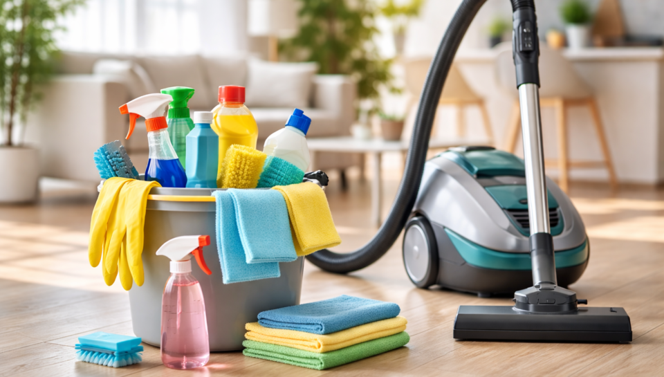 Home cleaning business equipment setup in modern house