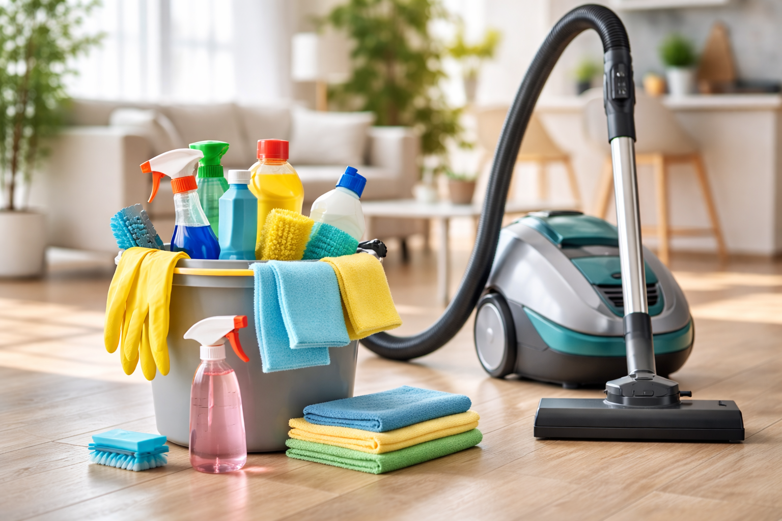 Home cleaning business equipment setup in modern house