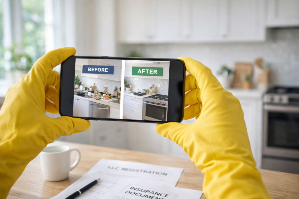 Home cleaner taking before and after photos for marketing