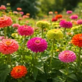 zinnias-growing-summer-garden Colorful zinnias blooming in a sunny summer garden