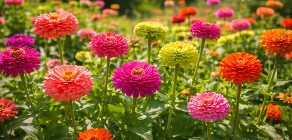 zinnias-growing-summer-garden Colorful zinnias blooming in a sunny summer garden