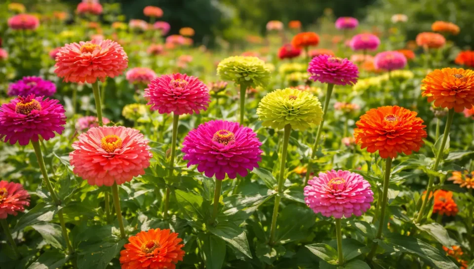 Colorful zinnias blooming in a sunny summer garden