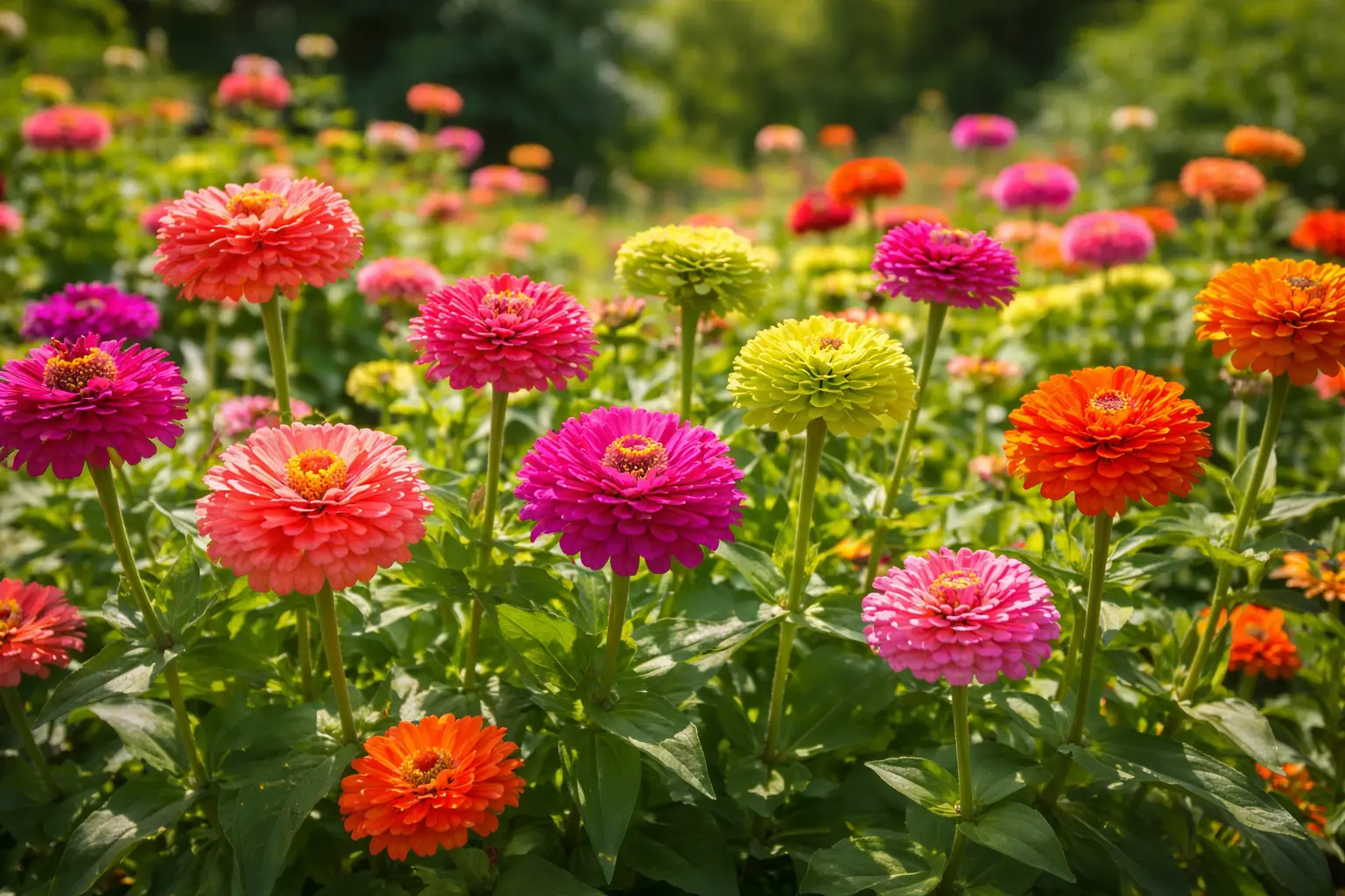 Colorful zinnias blooming in a sunny summer garden