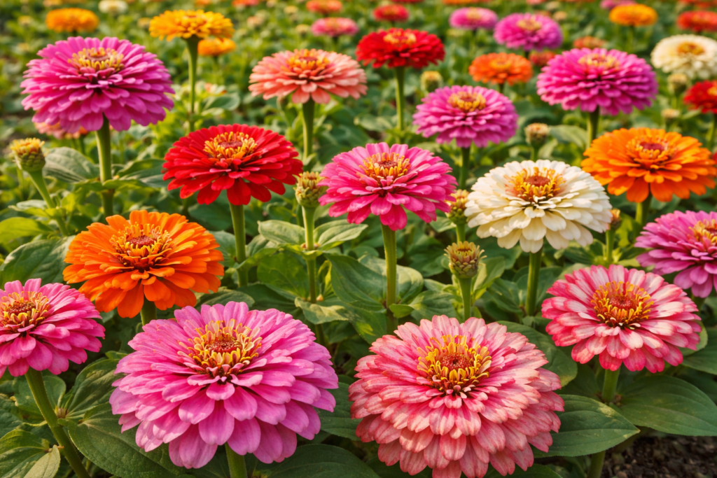 Collection of different zinnia varieties showing diverse colors and sizes