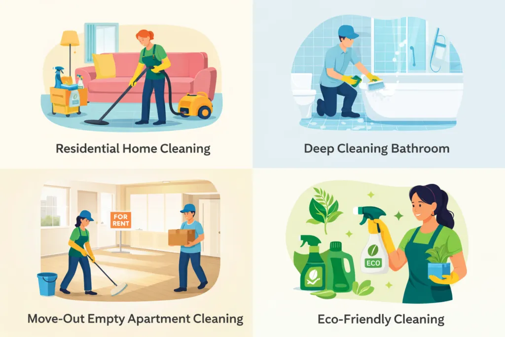 Cleaning tools arranged neatly: vacuum, mop, bucket, spray bottles, microfiber cloths, bright clean background, flat lay style