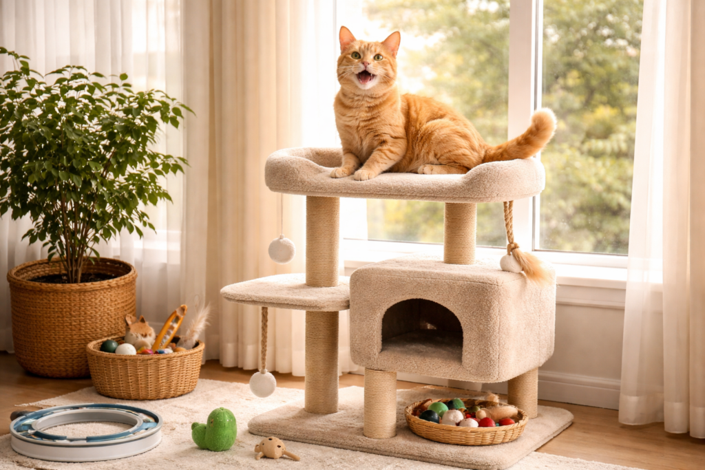 Indoor cat using cat tree and toys for enrichment instead of scratching furniture
