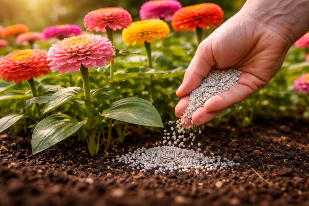 Applying fertilizer to zinnias during flowering stage for better blooms