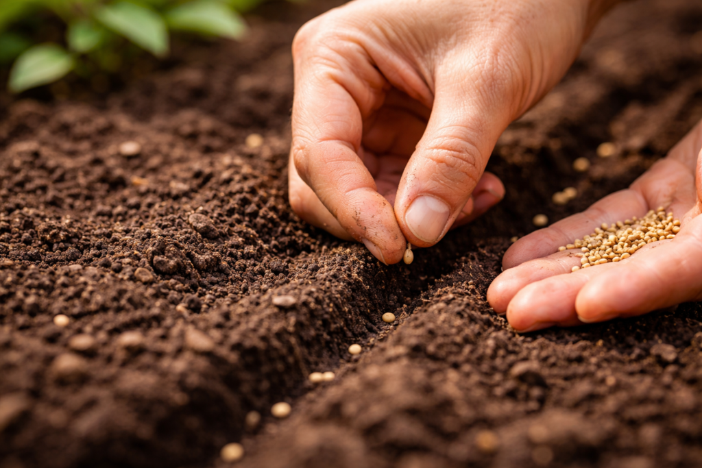 Hands planting zinnia seeds into garden soil at proper depth