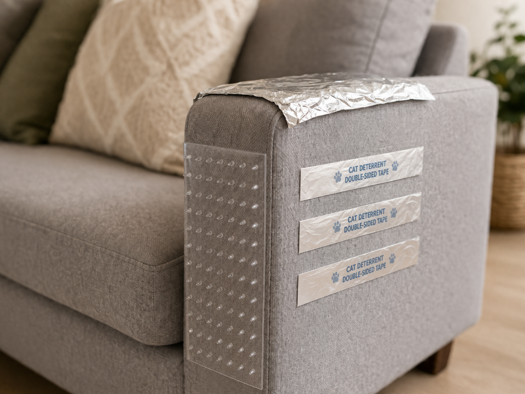 Furniture protected with tape and deterrents to stop cat scratching