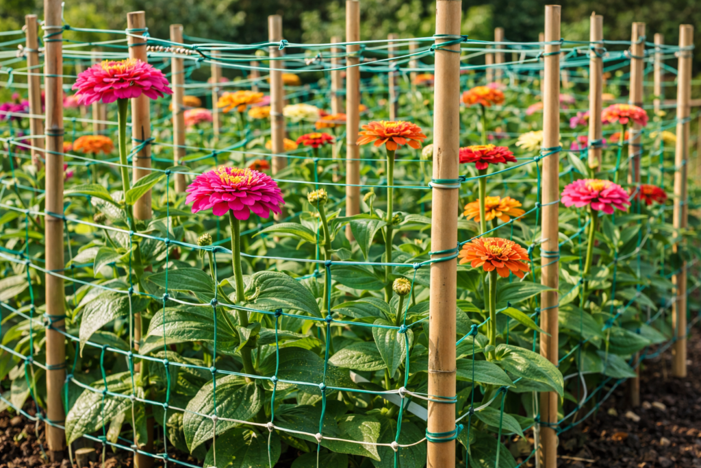 Tall zinnias supported with bamboo stakes and garden netting