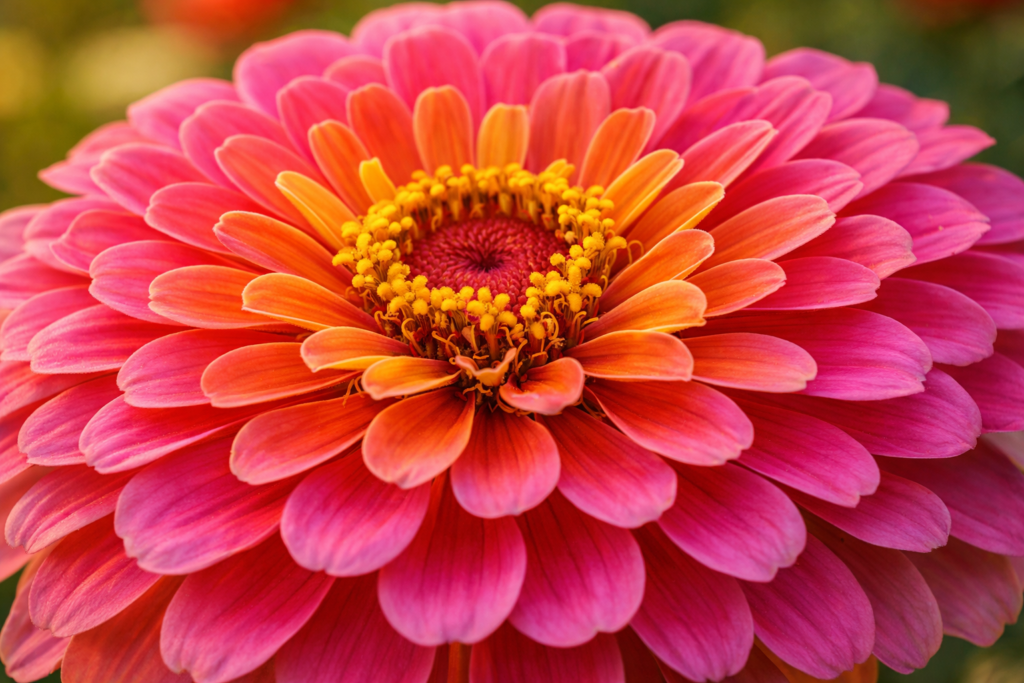 Close up of a fully bloomed zinnia flower showing layered petals and bright colors