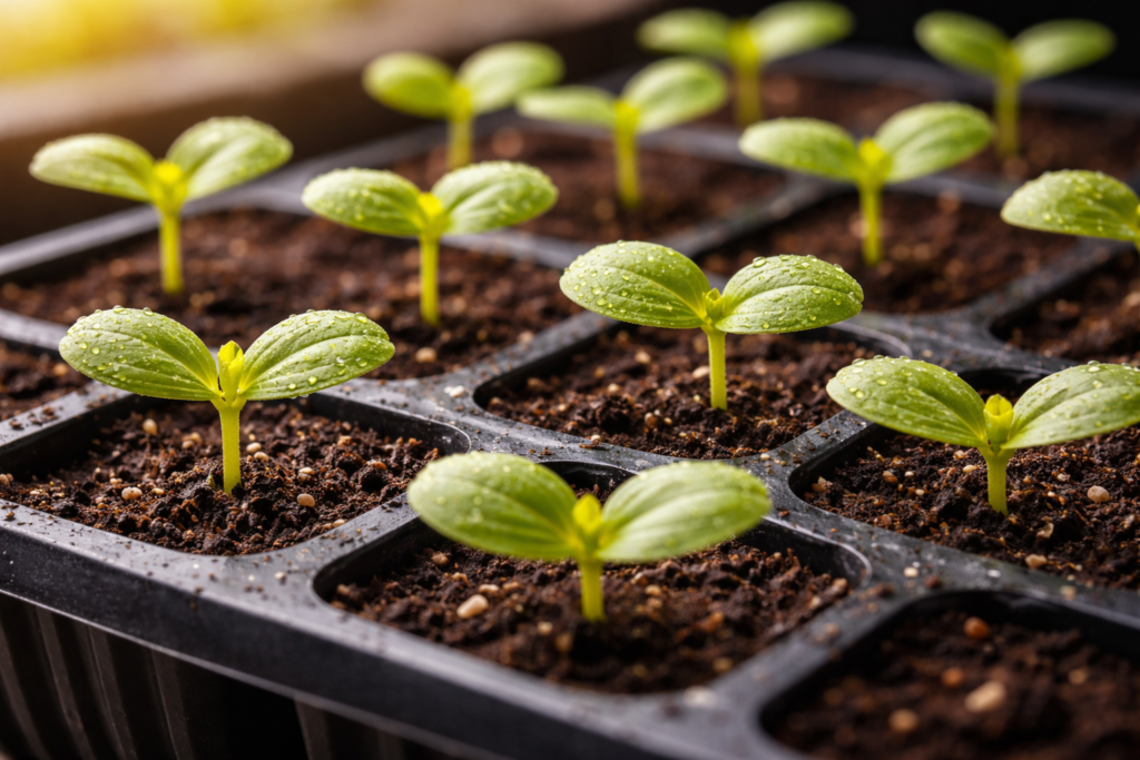 Young zinnia seedlings sprouting in seed trays under warm conditions