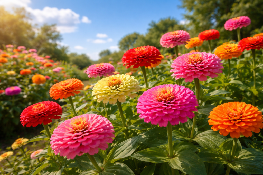 Zinnias growing in a full sun garden bed under bright daylight