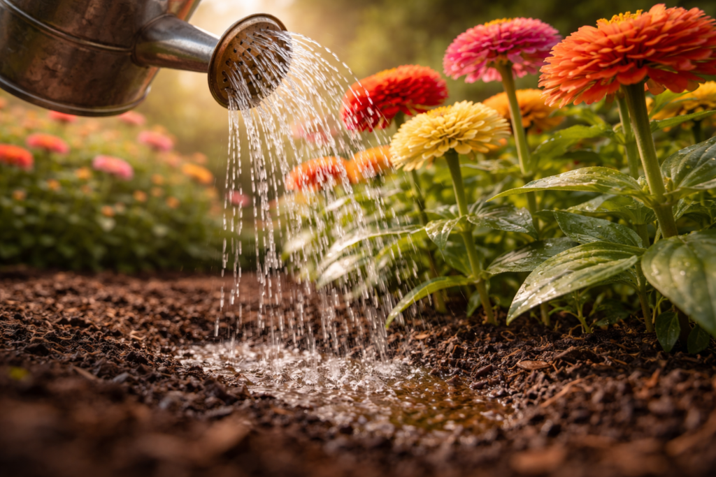 Watering zinnias at the base of the plant avoiding leaves