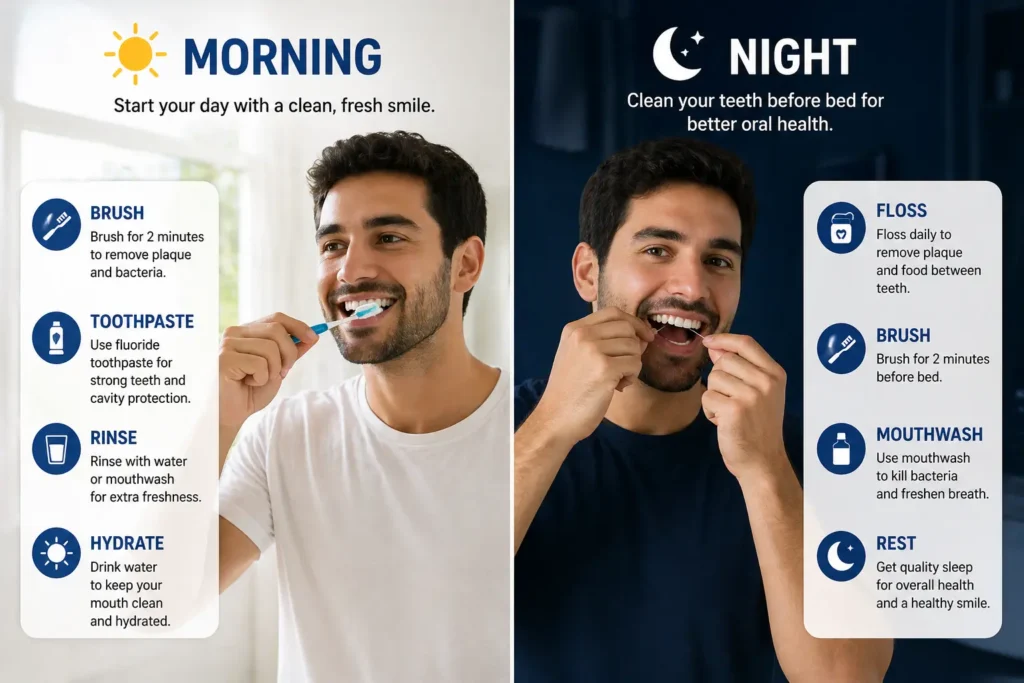 morning and night teeth cleaning routine steps at home