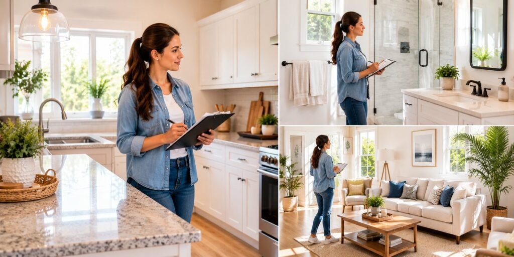 homeowner assessing cleaning needs before hiring a cleaning service