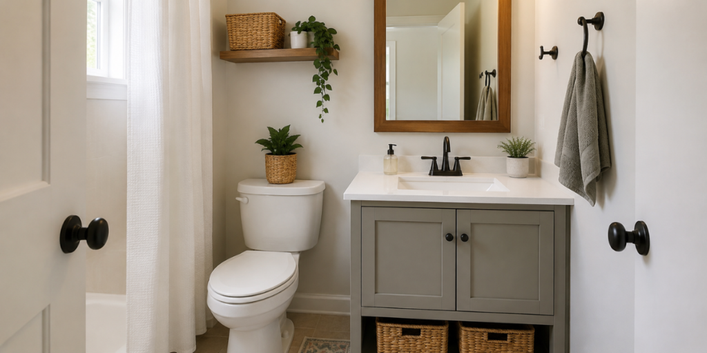 Cheap bathroom improvement ideas with painted vanity, framed mirror, fresh caulk, and storage baskets