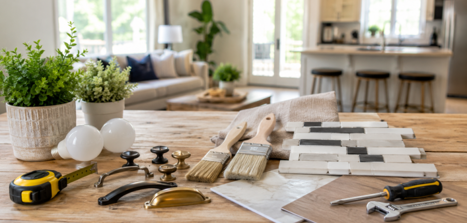cheap-home-improvement-ideas-budget-upgrades.jpg Cheap home improvement ideas with paint, tools, LED bulbs, cabinet hardware, and plants