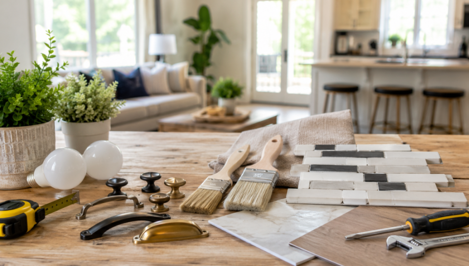 Cheap home improvement ideas with paint, tools, LED bulbs, cabinet hardware, and plants