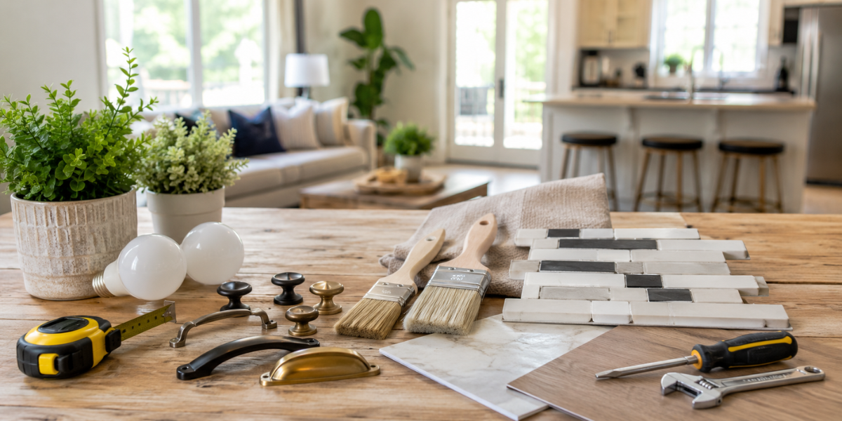 Cheap home improvement ideas with paint, tools, LED bulbs, cabinet hardware, and plants