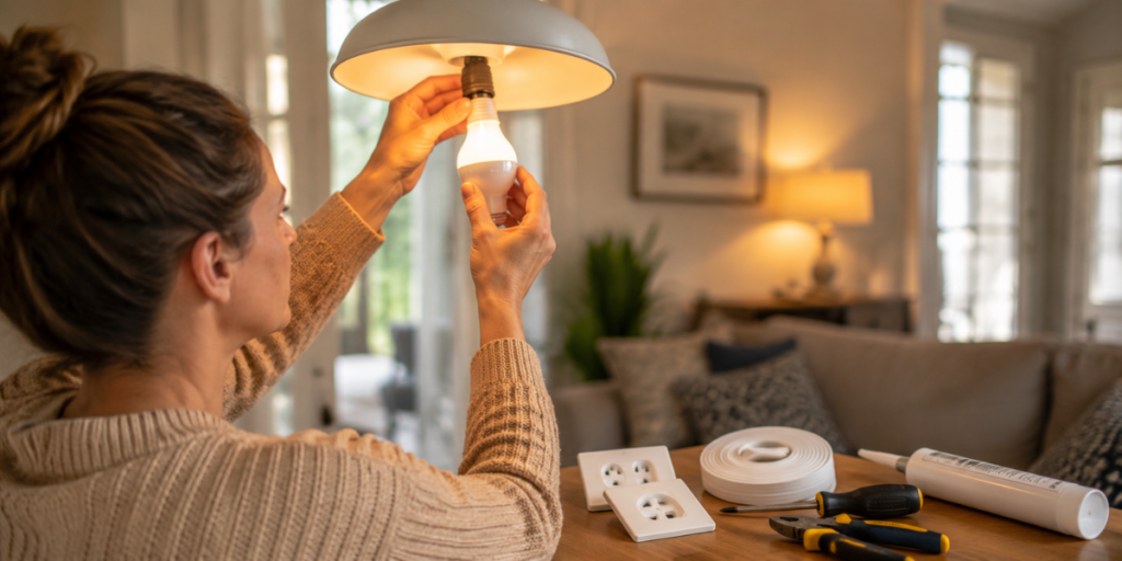 Cheap home improvement ideas under $50 including LED bulbs, caulk, and outlet covers