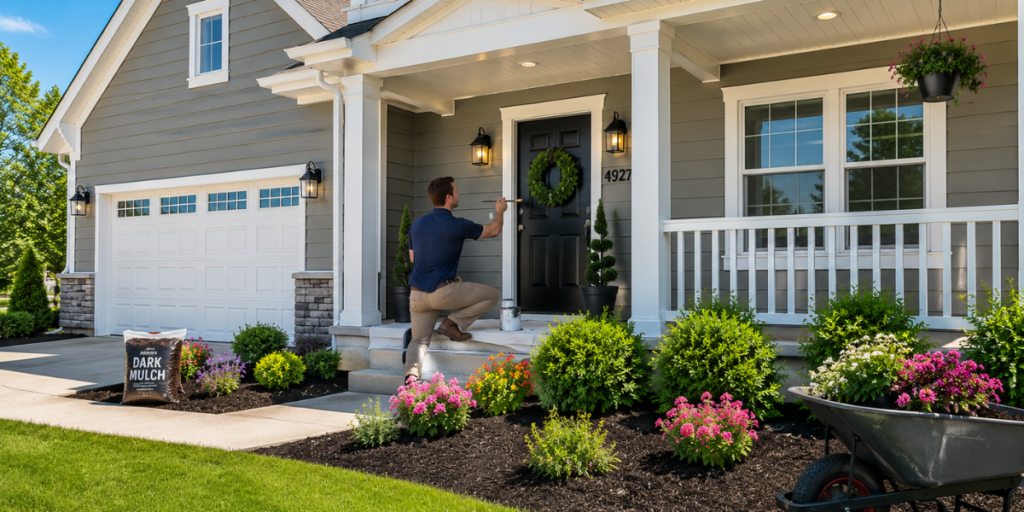 Homeowner painting a front door and adding simple DIY curb appeal updates.