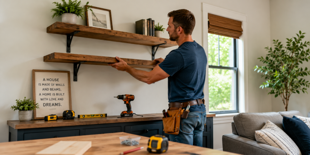 DIY homeowner installing wooden shelves in modern room