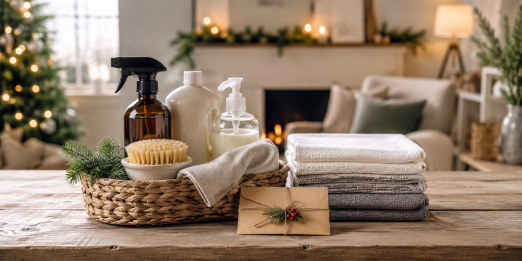 Holiday tipping for house cleaners with gift envelope and cleaning supplies