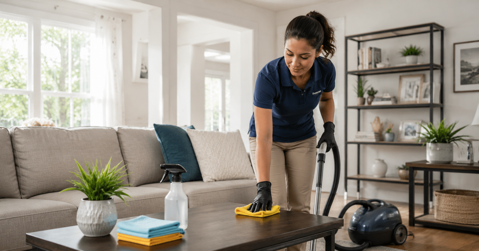 Home cleaning service cost with professional cleaner in modern living room