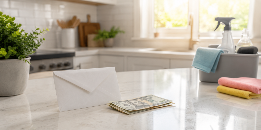 A clean kitchen counter with a thank-you envelope and cash tip left for a house cleaner.