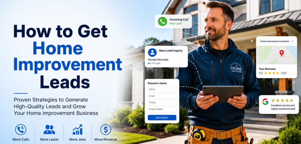 home-improvement-leads-marketing-strategies-featured-image.png Contractor viewing home improvement lead notifications on a tablet outside a renovated house.