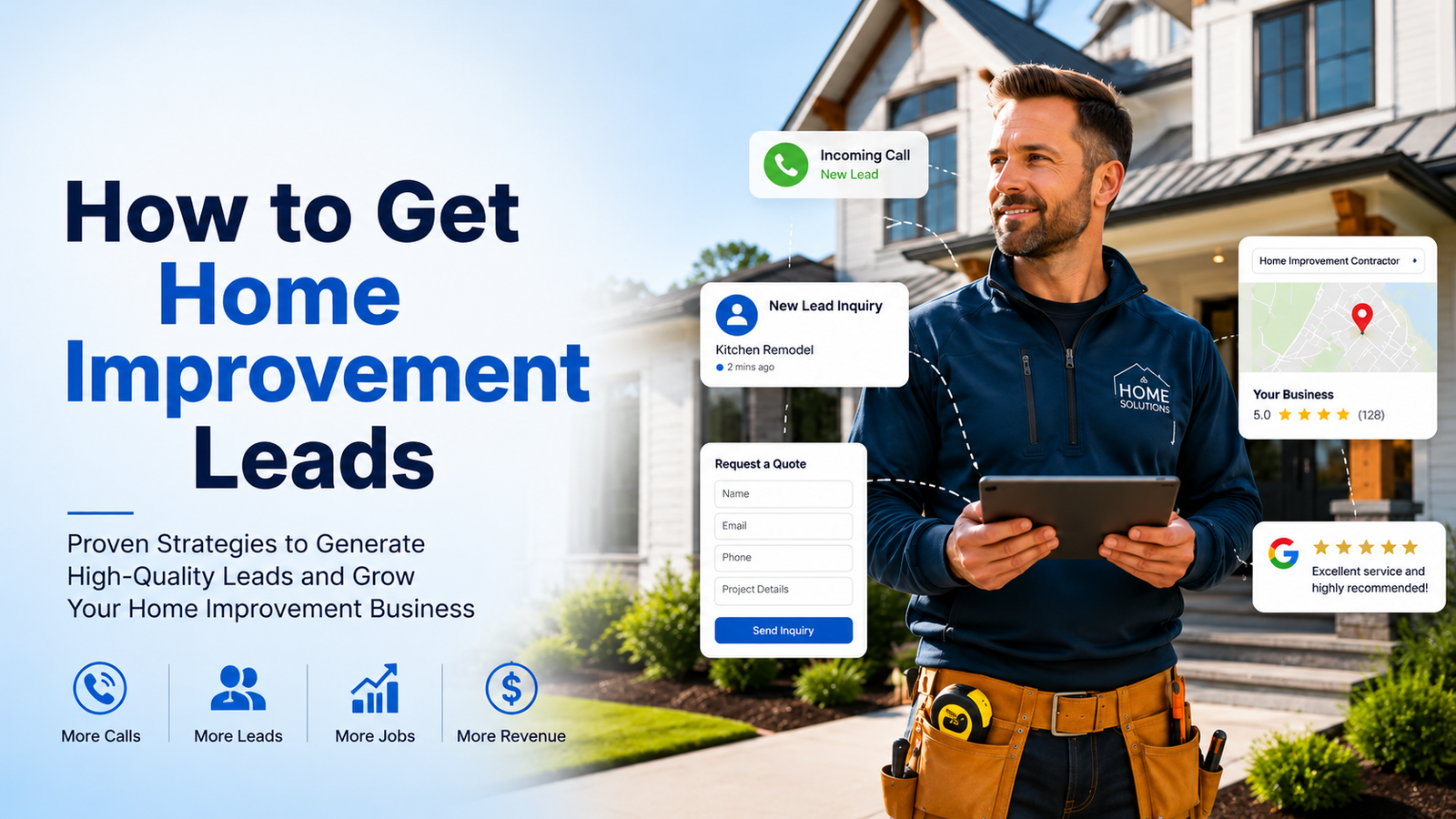 Contractor viewing home improvement lead notifications on a tablet outside a renovated house.