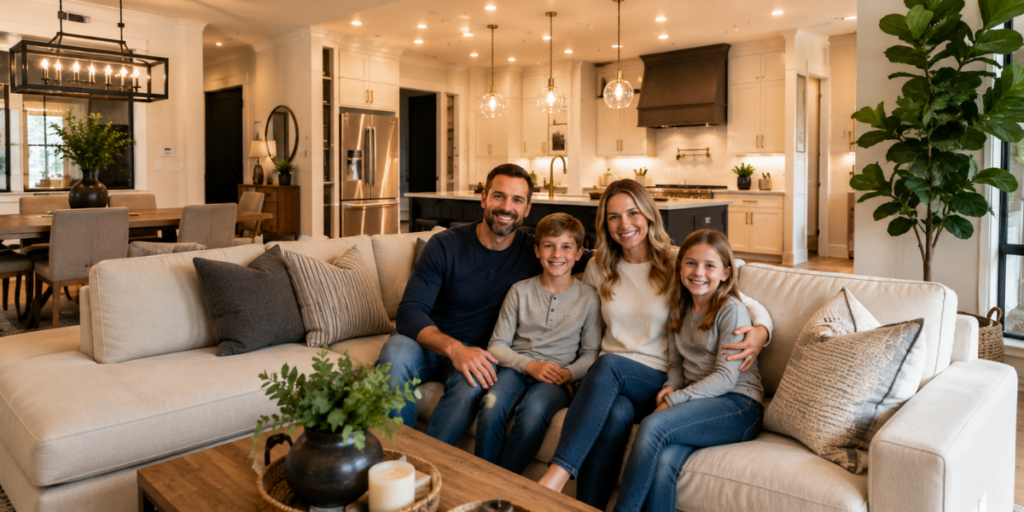 Happy family enjoying remodeled modern home interior