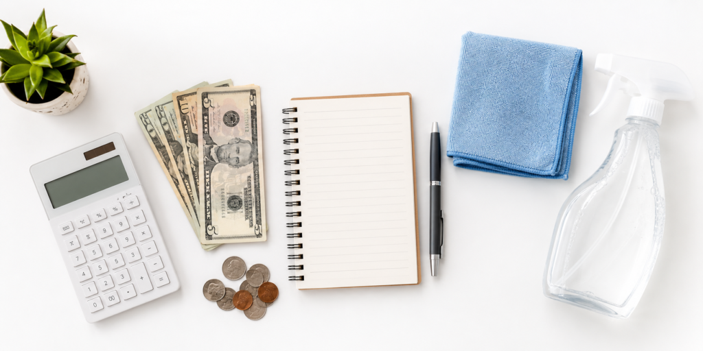 House cleaner tip calculator with money and cleaning supplies