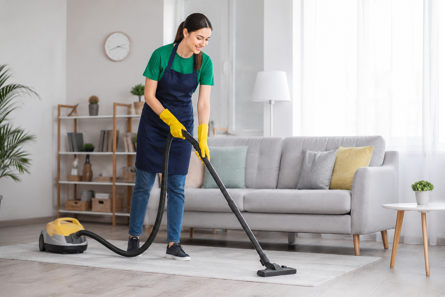 professional home cleaning service cleaning a modern living room