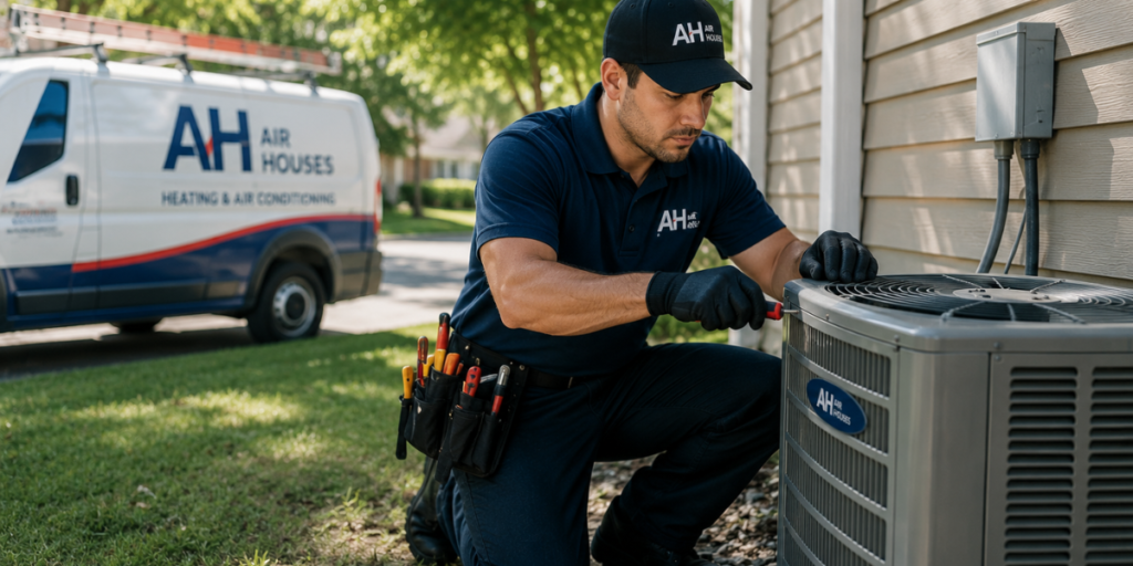HVAC technician repairing residential cooling system