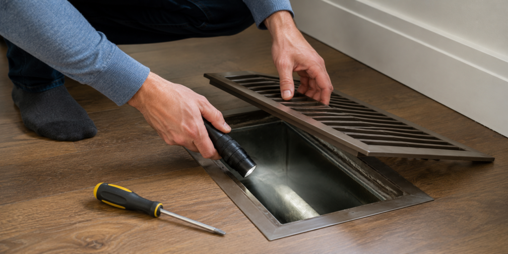 Homeowner inspecting air duct before booking duct cleaning