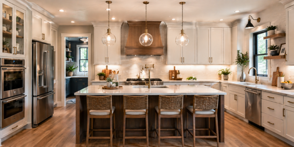 Modern remodeled kitchen with white cabinets and kitchen island