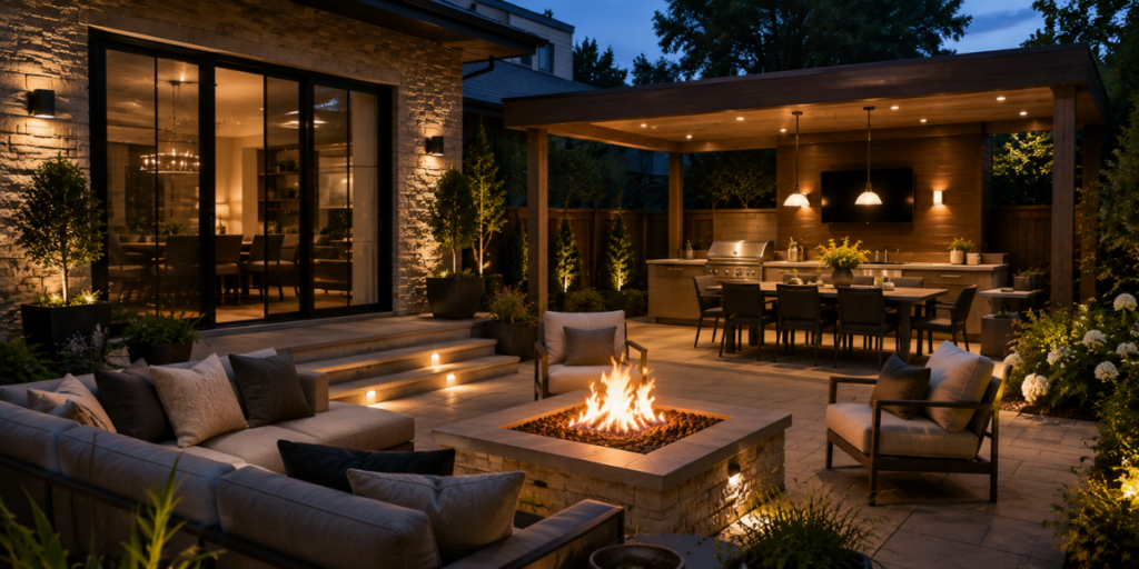 Luxury outdoor patio with fire pit and cozy seating area