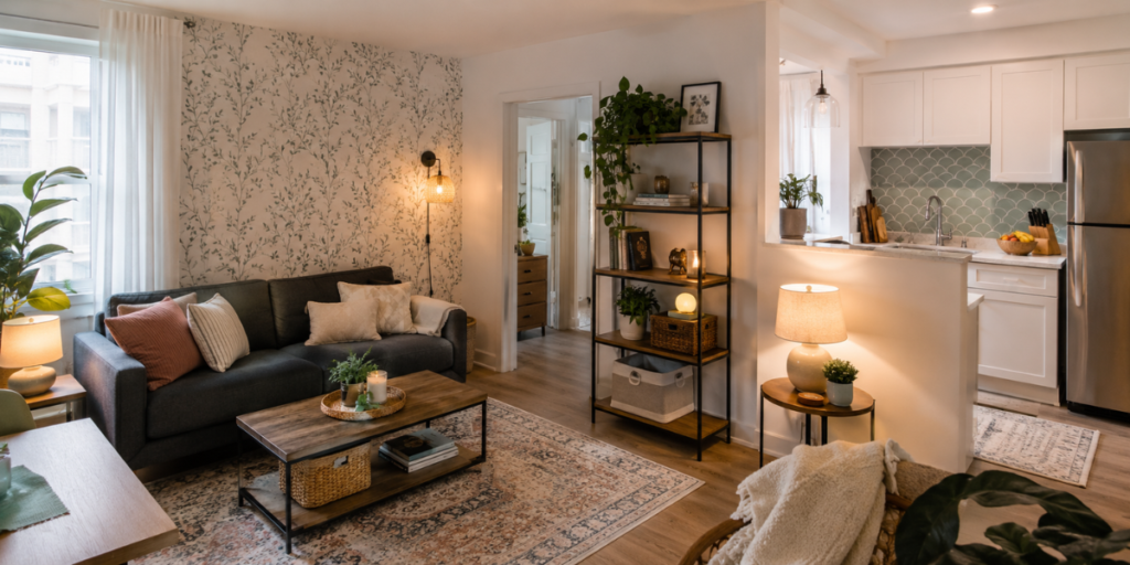 Renter-friendly cheap home improvement ideas with removable wallpaper, plug-in lights, and peel-and-stick backsplash