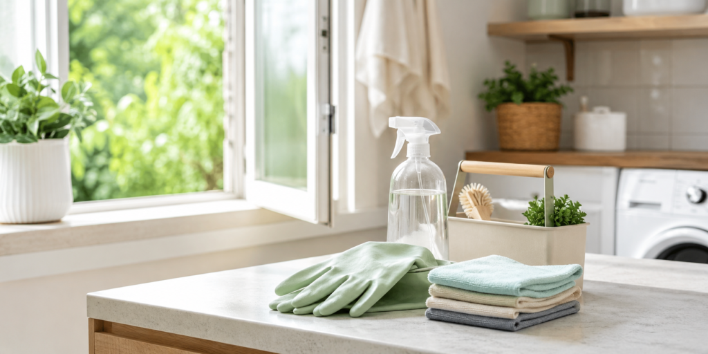 Safer nontoxic home cleaning routine with mild cleaning supplies