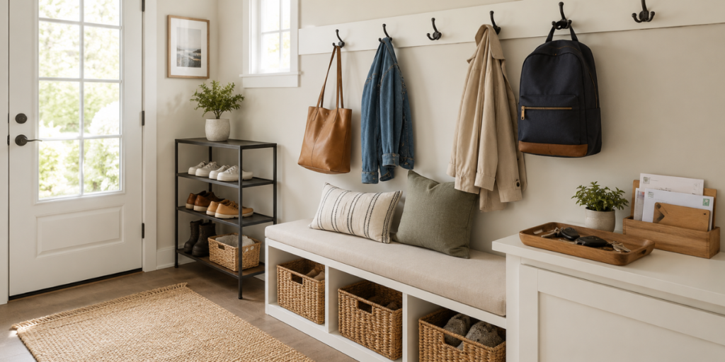 Small entryway drop zone with hooks shoe rack and storage bench