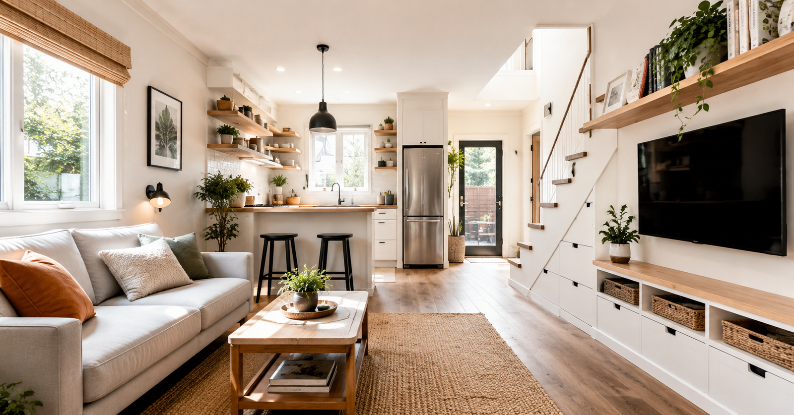 Small house home improvement ideas with smart storage and light colors