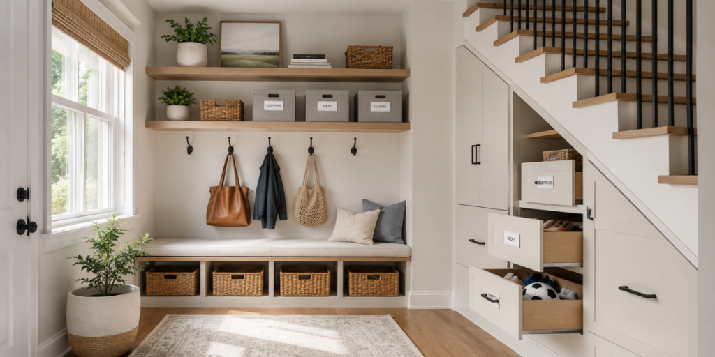 Small house storage ideas with shelves baskets and hooks