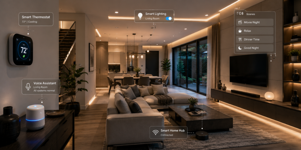 Futuristic smart home living room with automated lighting